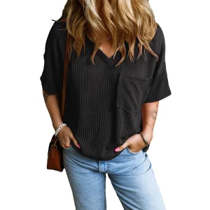 JANELLE™ – Avslappnad Strukturerad Ficka V-ringad T-shirt